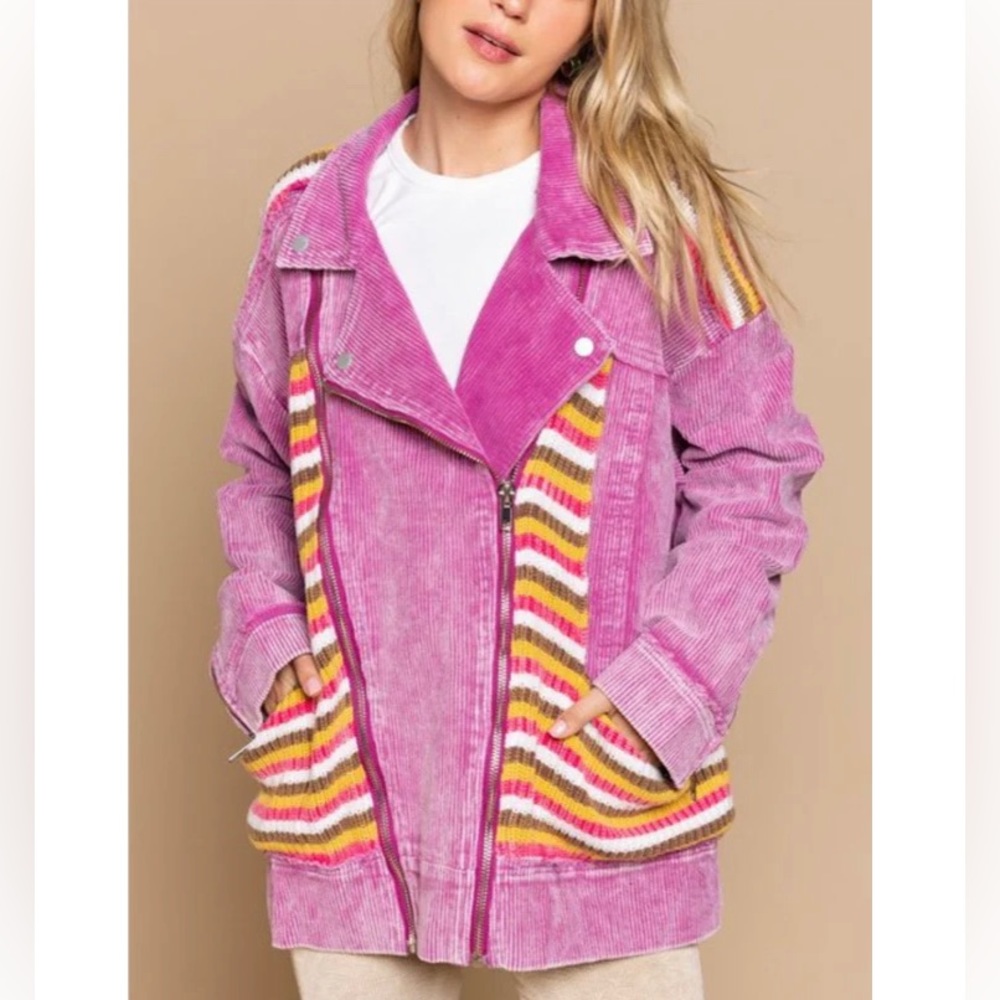 NEW POL Clothing Corduroy Moto Long Sleeve Jacket With Stripe Detail Plum Berry